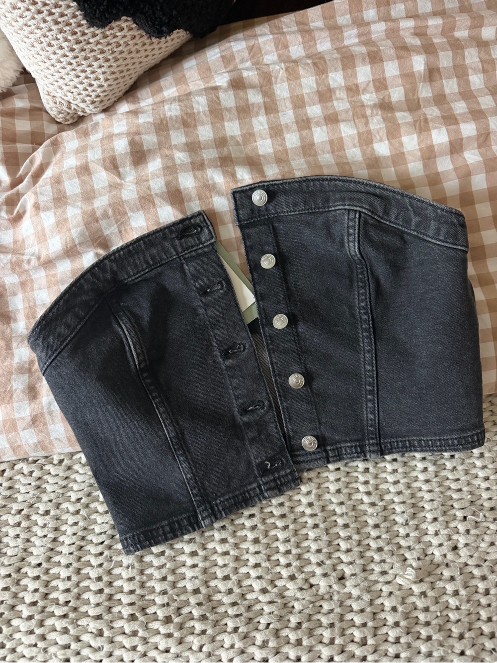Black Denim Button-Front Corset Top